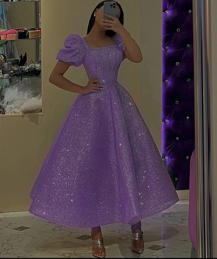 TingPo Wholesale Elegant Vintage Ball Gown Square Neckline Lilac Sequin Evening Dress Prom Dresses